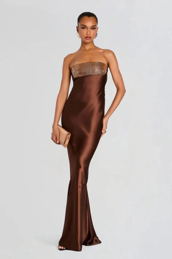 Graziella Embellished Evening Dress in Brown