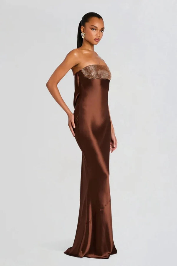 Graziella Embellished Evening Dress in Brown