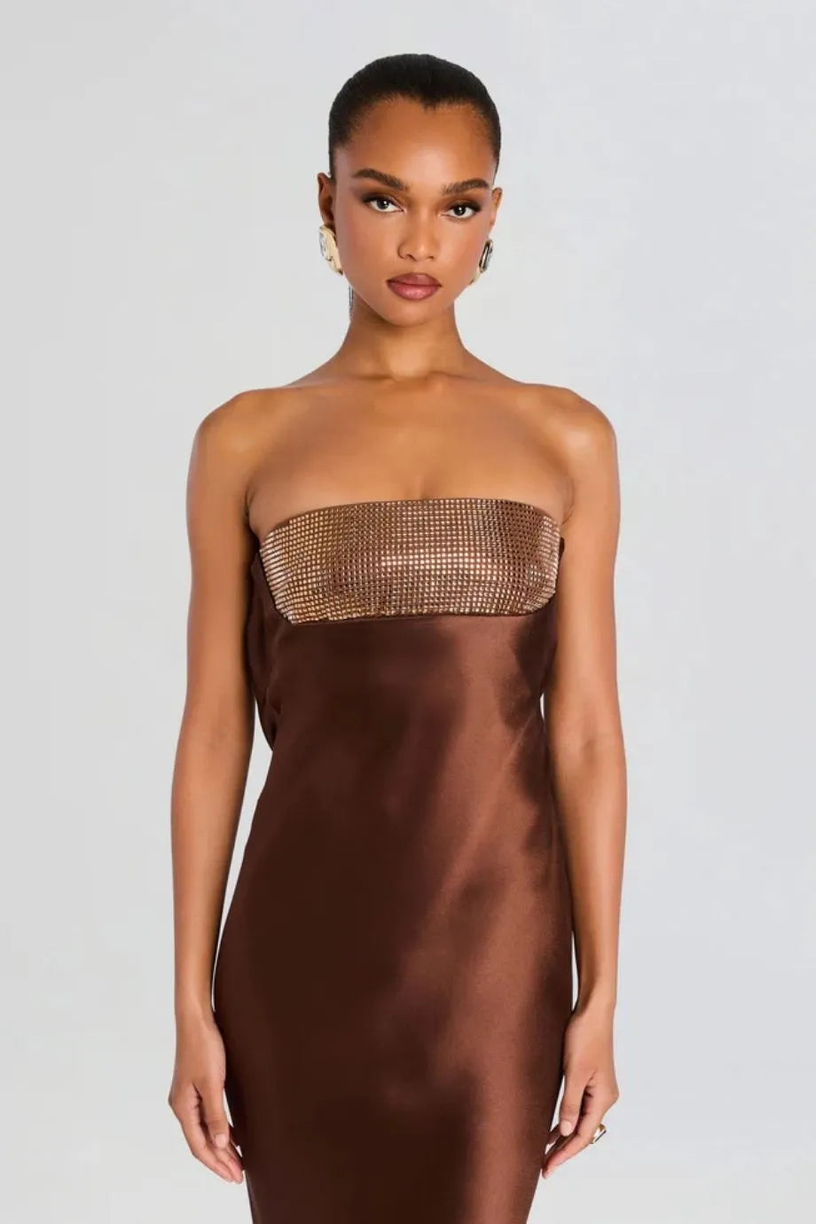 Graziella Embellished Evening Dress in Brown