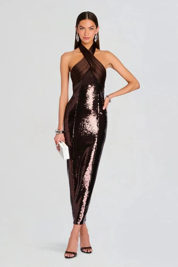 Tamra Halter Neck Sequin Evening Dress in Brown