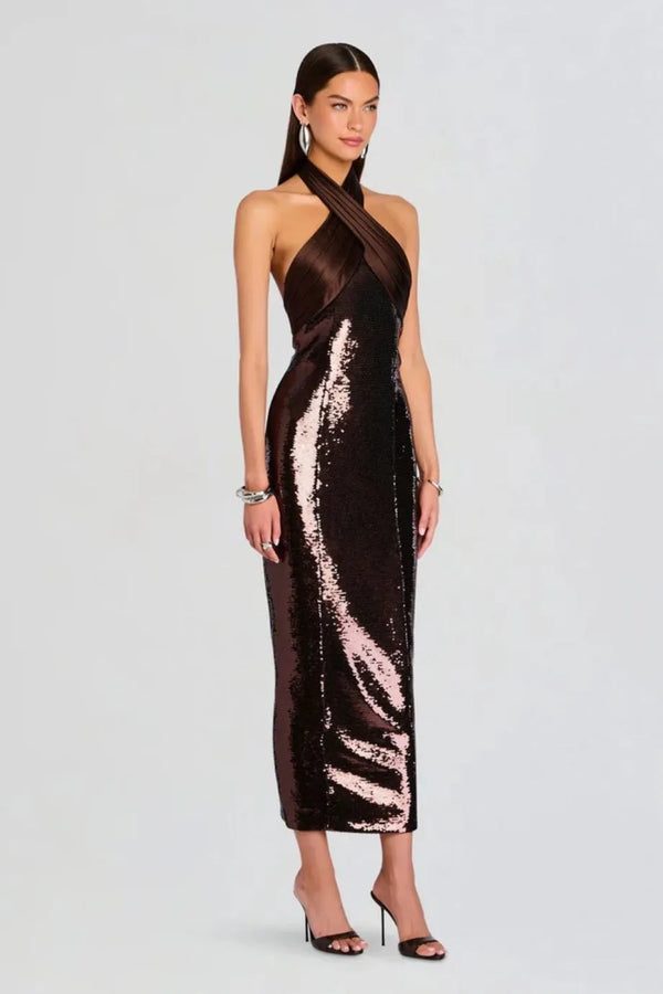 Tamra Halter Neck Sequin Evening Dress in Brown