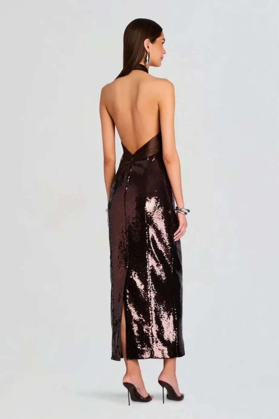 Tamra Halter Neck Sequin Evening Dress in Brown