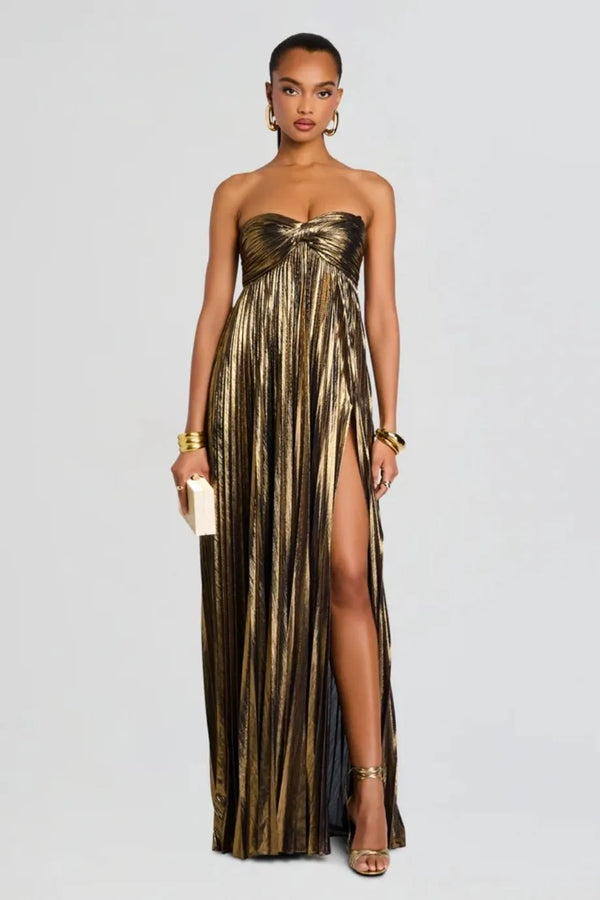Zoa Evening Dress With Thigh Slit in Gold