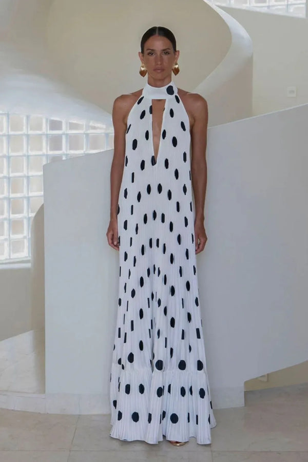 Libertie Polka Dot Sleeveless Pleated Evening Dress in White