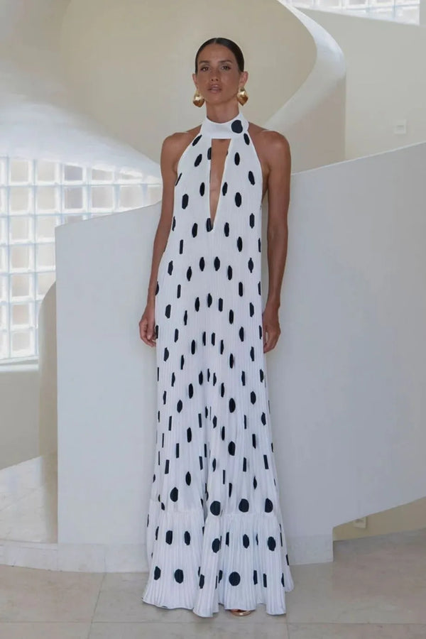 Libertie Polka Dot Sleeveless Pleated Evening Dress in White