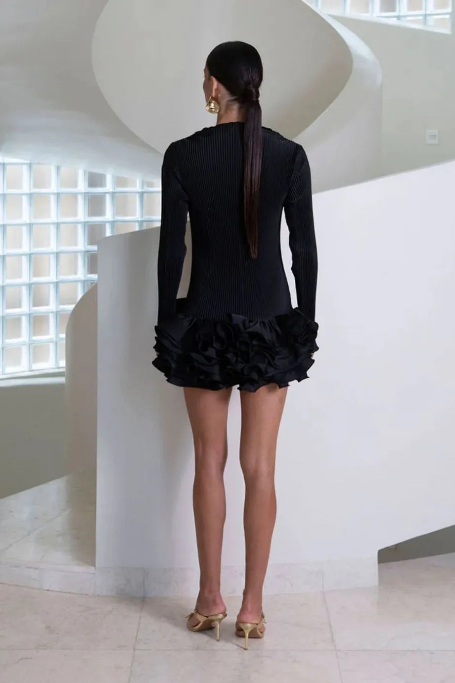 Park Avenue Pleated Mini Dress in Black