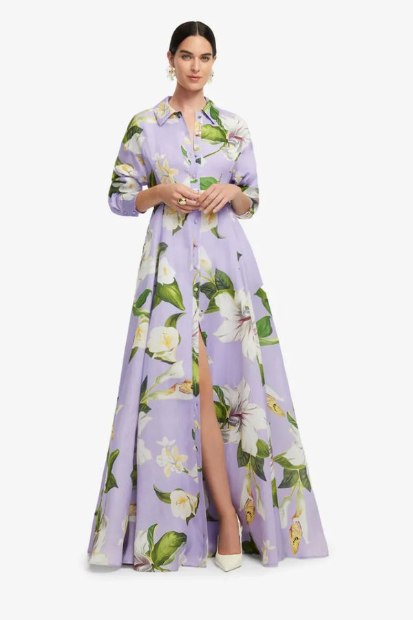 Josephine Floral Lily Blossom Belted Silk Maxi Dress in Purple