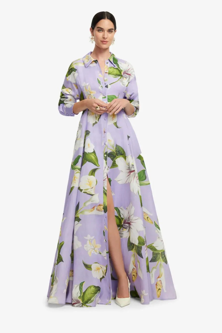 Josephine Floral Lily Blossom Belted Silk Maxi Dress in Purple