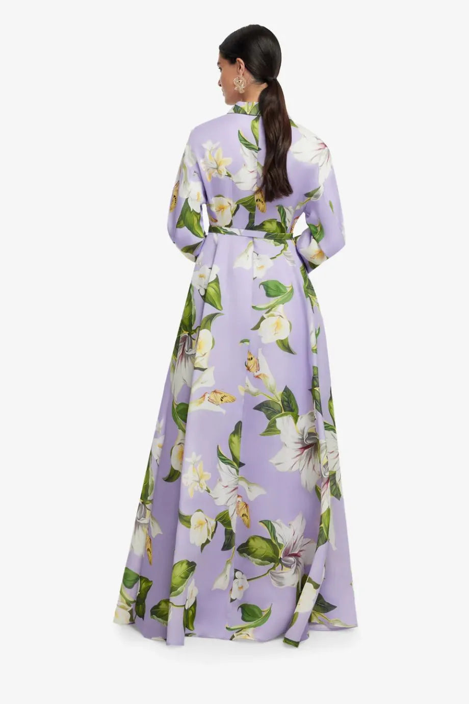 Josephine Floral Lily Blossom Belted Silk Maxi Dress in Purple