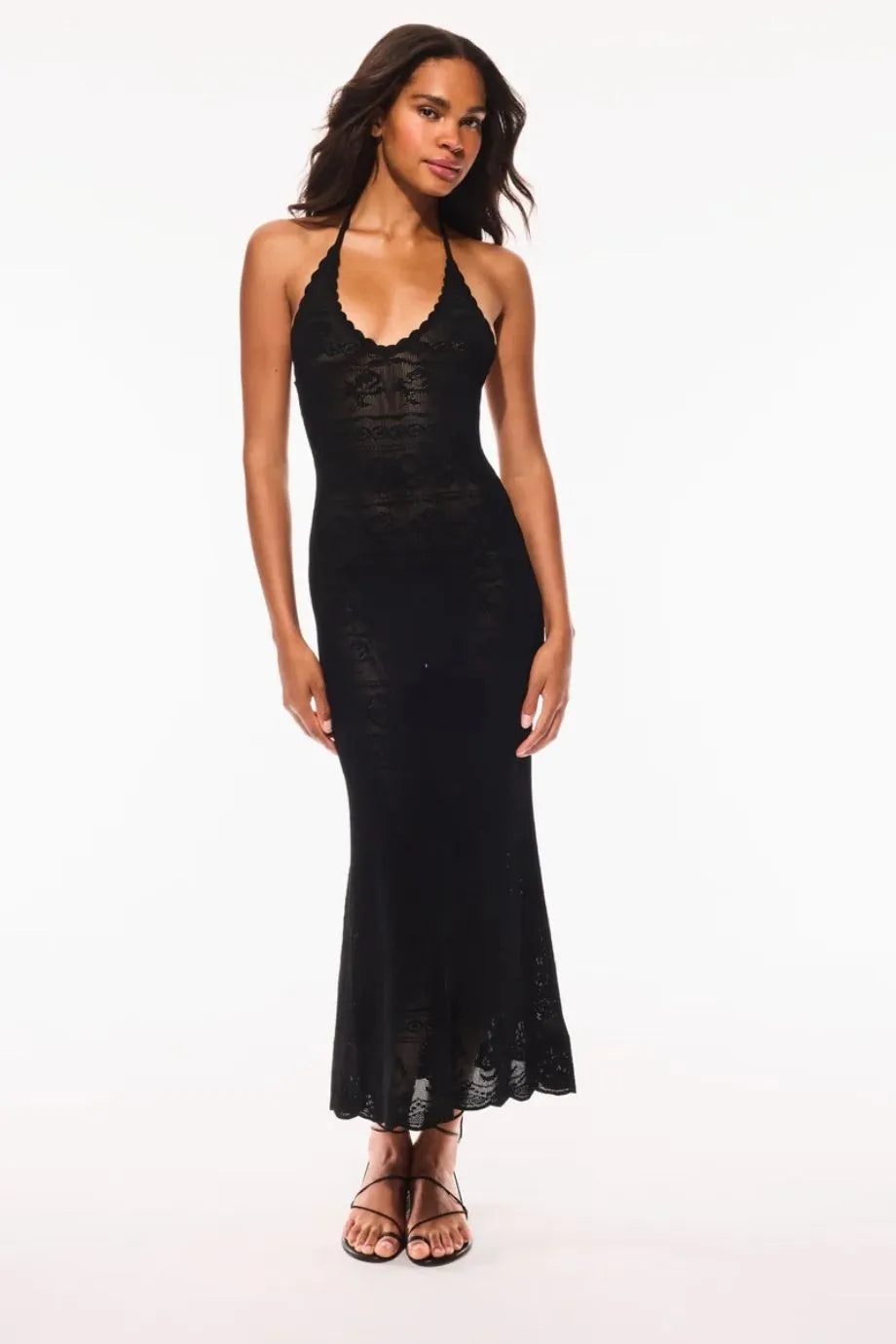 Cillian Bow Flower Pointelle Sleeveless Maxi Dress in Black