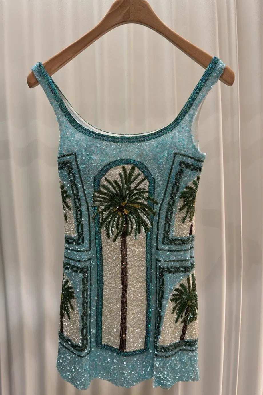 Dubai Inspired Architecture And Palm Tree Motifs Sleeveless Sequins Mini Dress in Blue