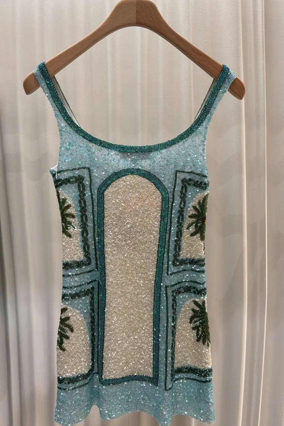 Dubai Inspired Architecture And Palm Tree Motifs Sleeveless Sequins Mini Dress in Blue
