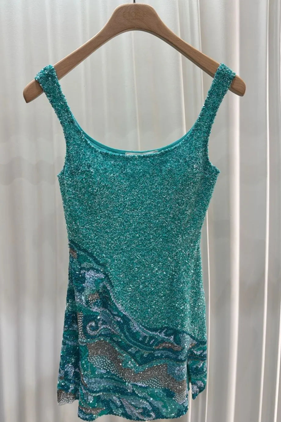 Dubai Ocean Waves Motif Sleeveless Sequins Mini Dress in Blue