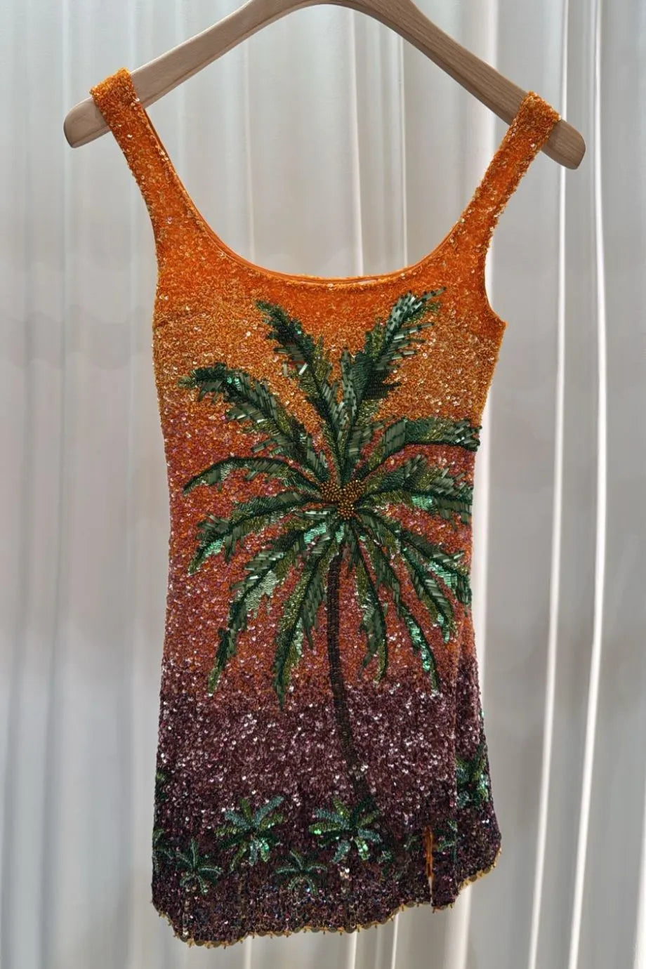 Dubai Nights Ombre Sunset Palm Tree Motifs Sleeveless Sequins Mini Dress Orange Blue