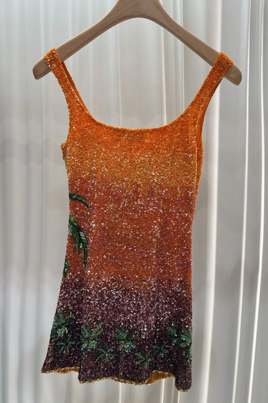 Dubai Nights Ombre Sunset Palm Tree Motifs Sleeveless Sequins Mini Dress Orange Blue