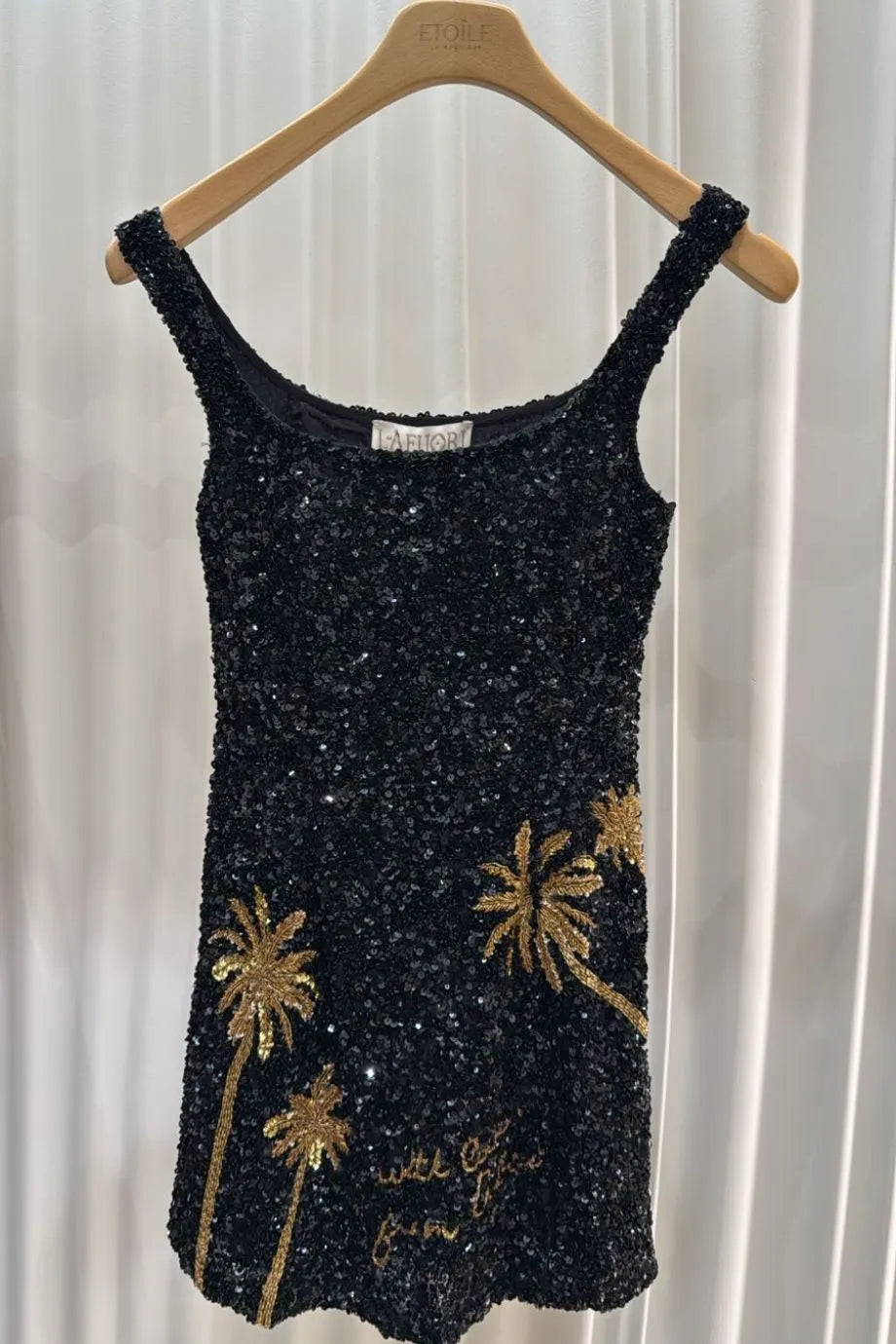 Dubai With Love With Mirrored Palm Tree Motifs Sleeveless Sequins Mini Dress in Black