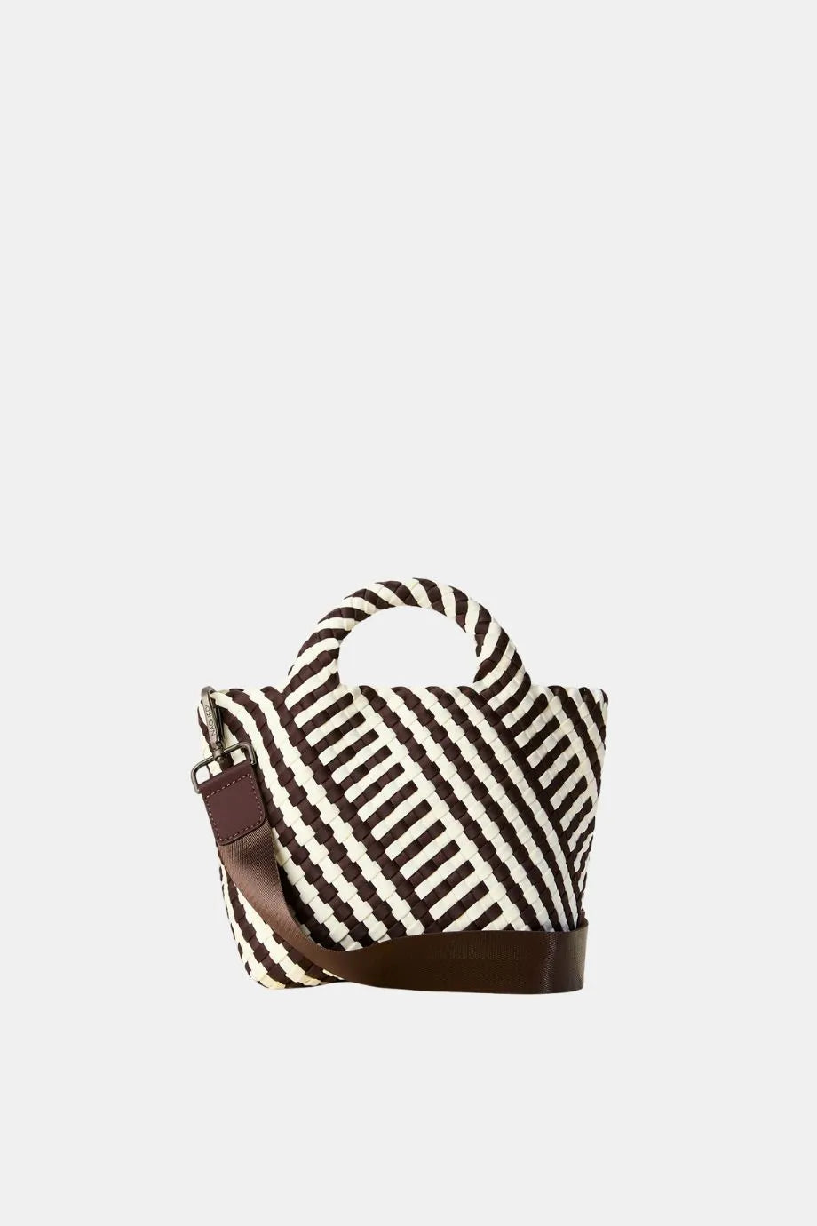 St. Barths Woven Striped Geo Small Tote Bag in Brown With Strap and Pouch