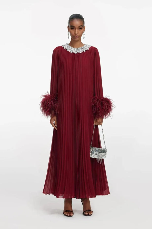 Chiffon Feather Midi Dress in Burgundy