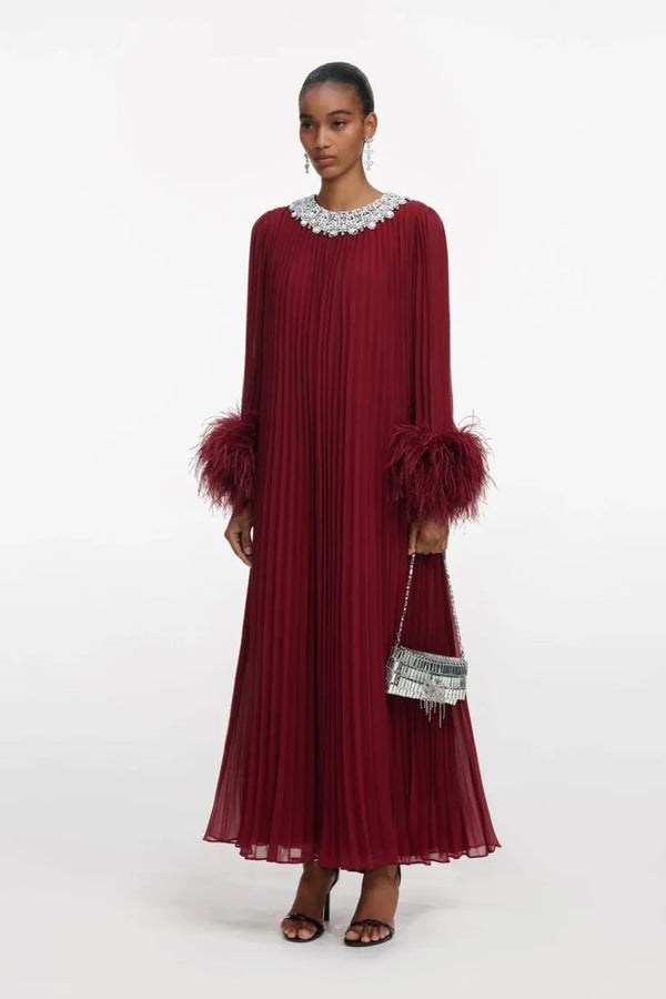 Chiffon Feather Midi Dress in Burgundy