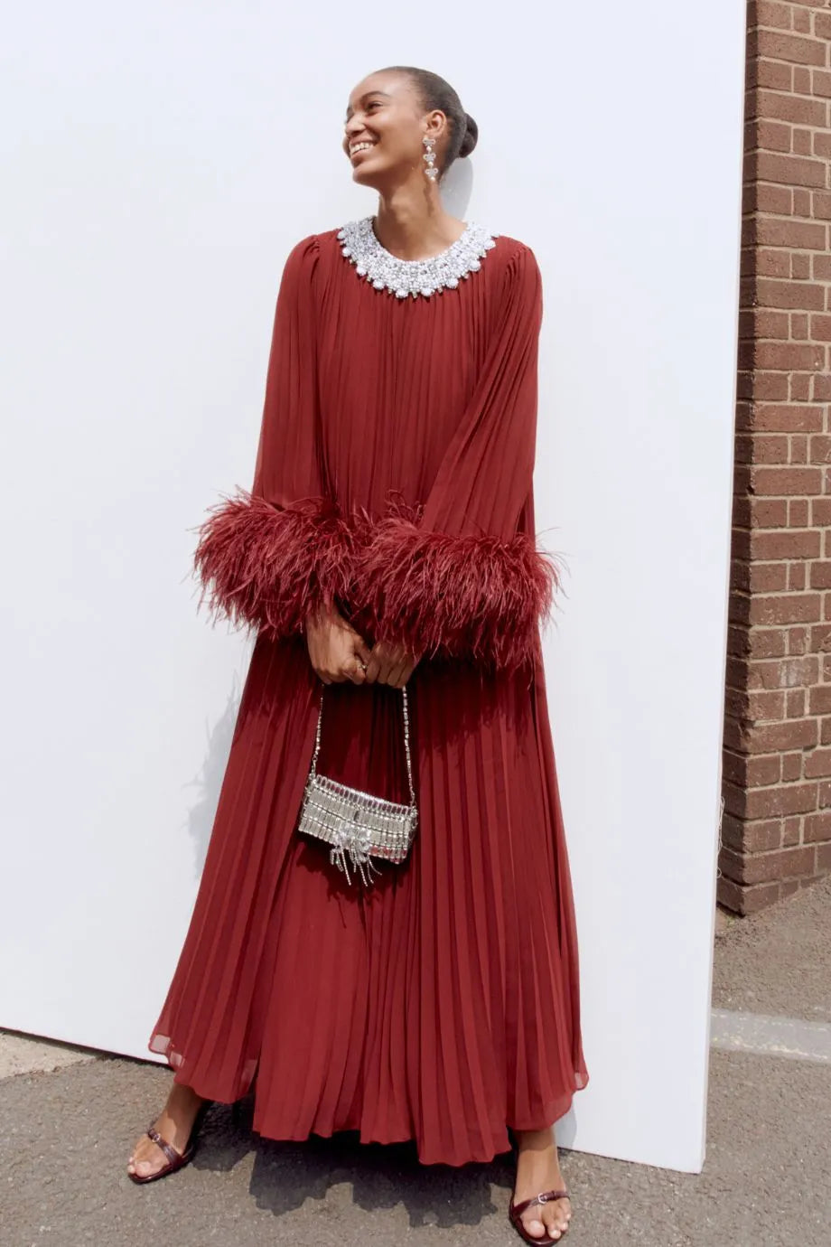 Shop the Chiffon Feather Midi Dress in Burgundy Shop the Chiffon Feather Midi Dress in Burgundy