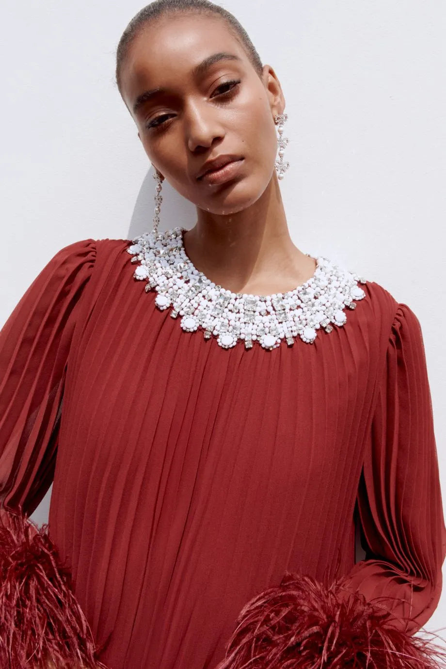 Shop the Chiffon Feather Midi Dress in Burgundy Shop the Chiffon Feather Midi Dress in Burgundy
