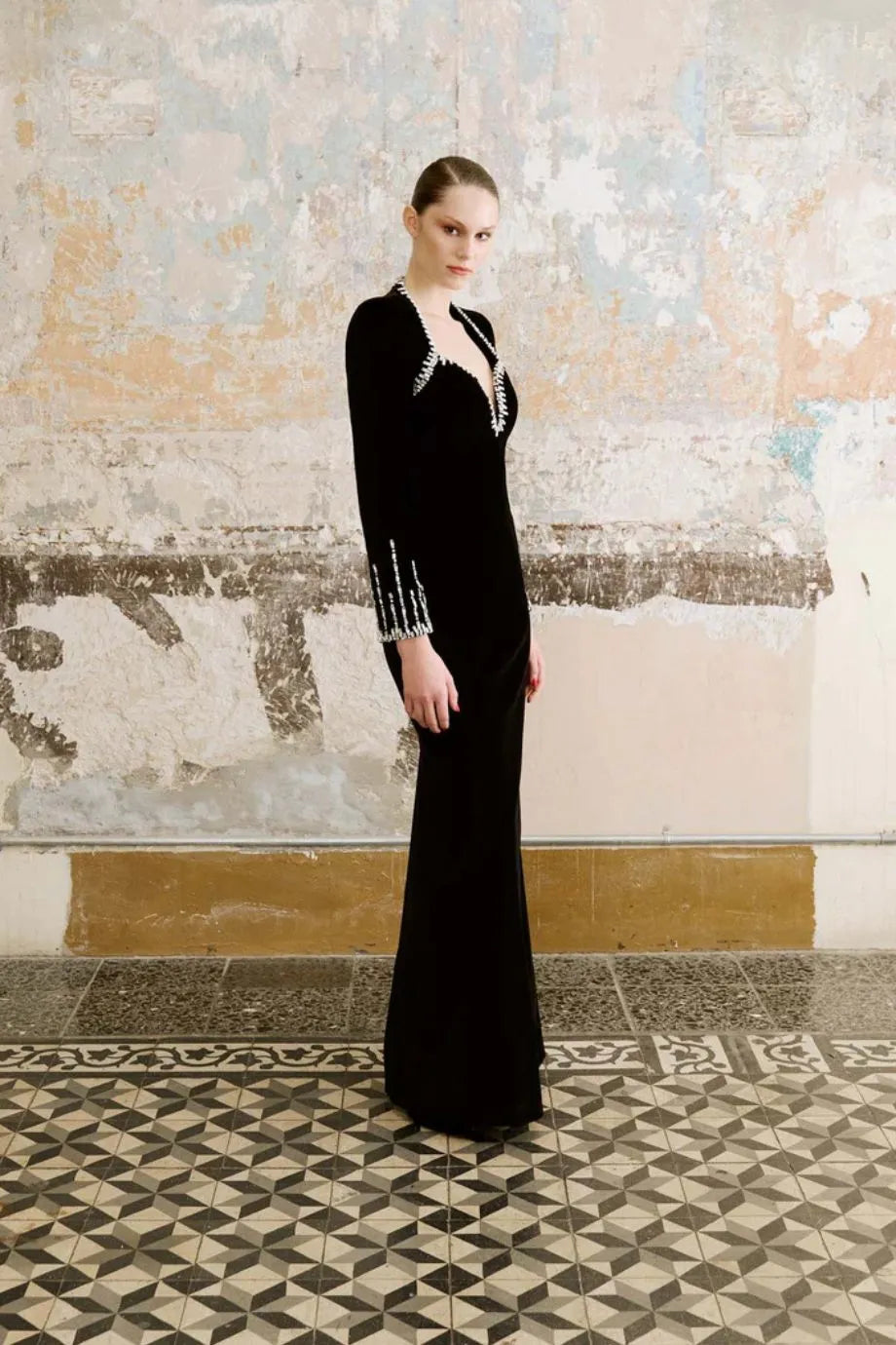 Galina Embellished Velvet Evening Dress in Black
