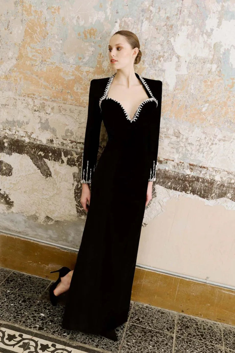 Galina Embellished Velvet Evening Dress in Black