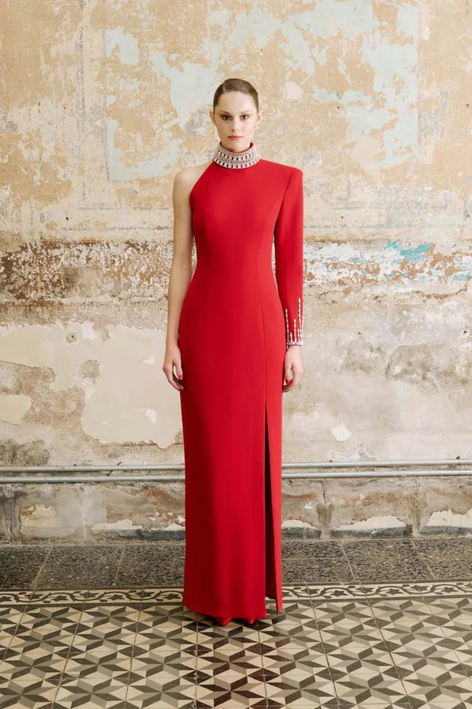 Sofia Embellished One Shoulder Evening Dress in Red