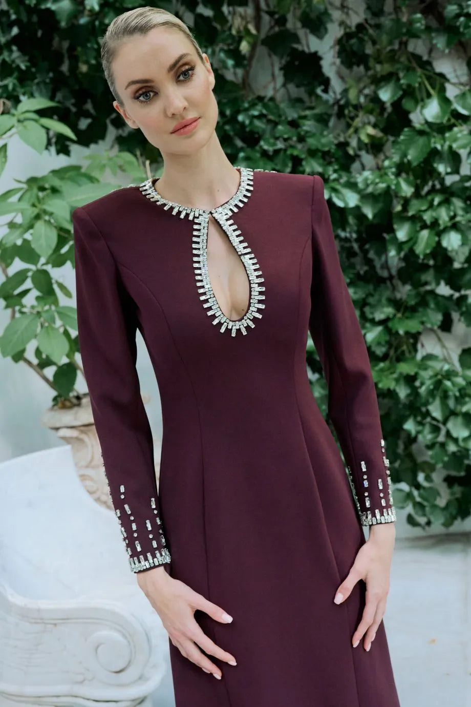 Estelle Embellished Evening Dress in Burgundy