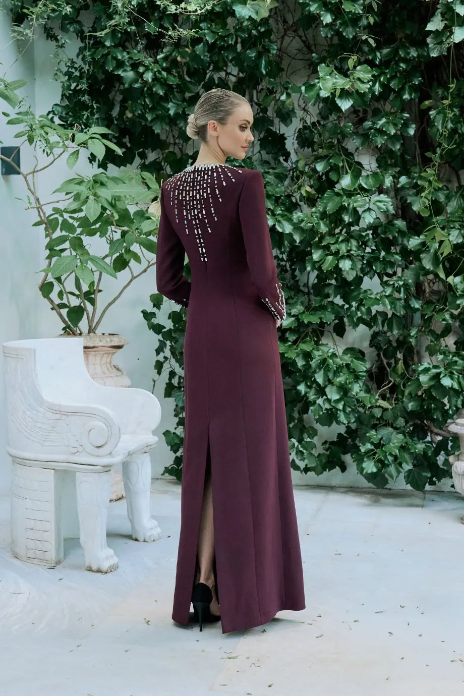 Estelle Embellished Evening Dress in Burgundy