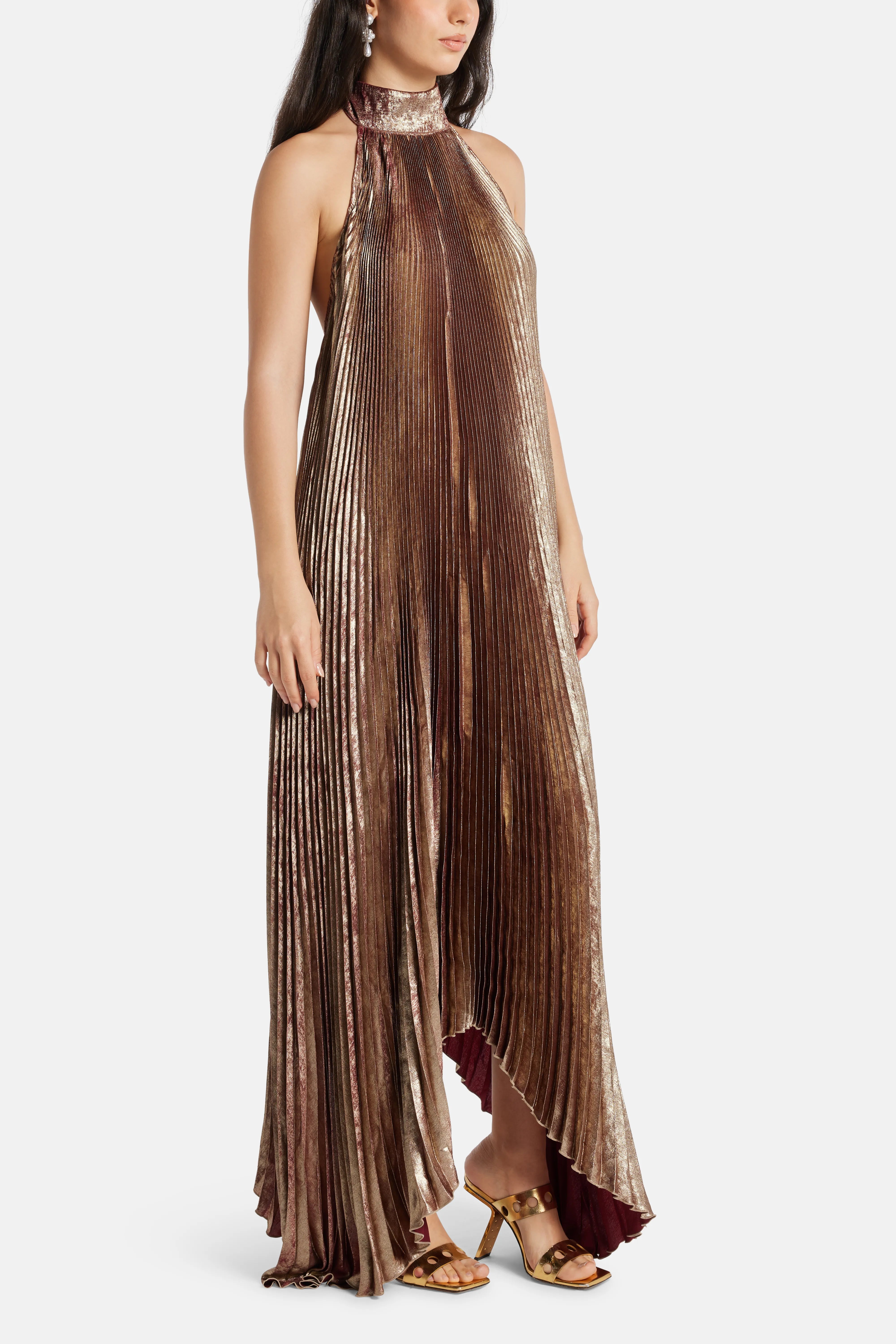 فستان سهرة أوليمبيا بدون أكمام باللون الذهبي