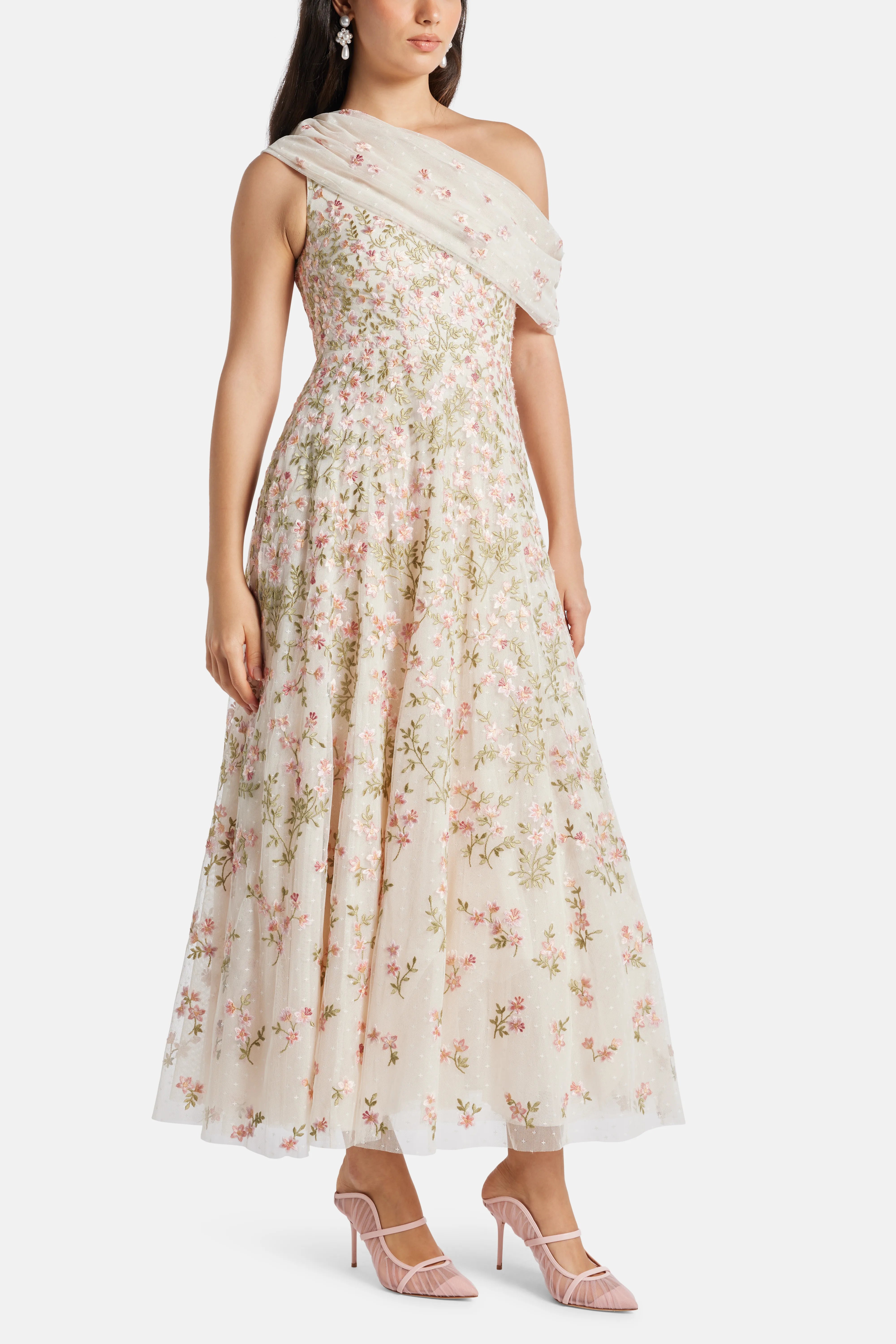 Everett Bloom One Shoulder Evening Dress in Cream