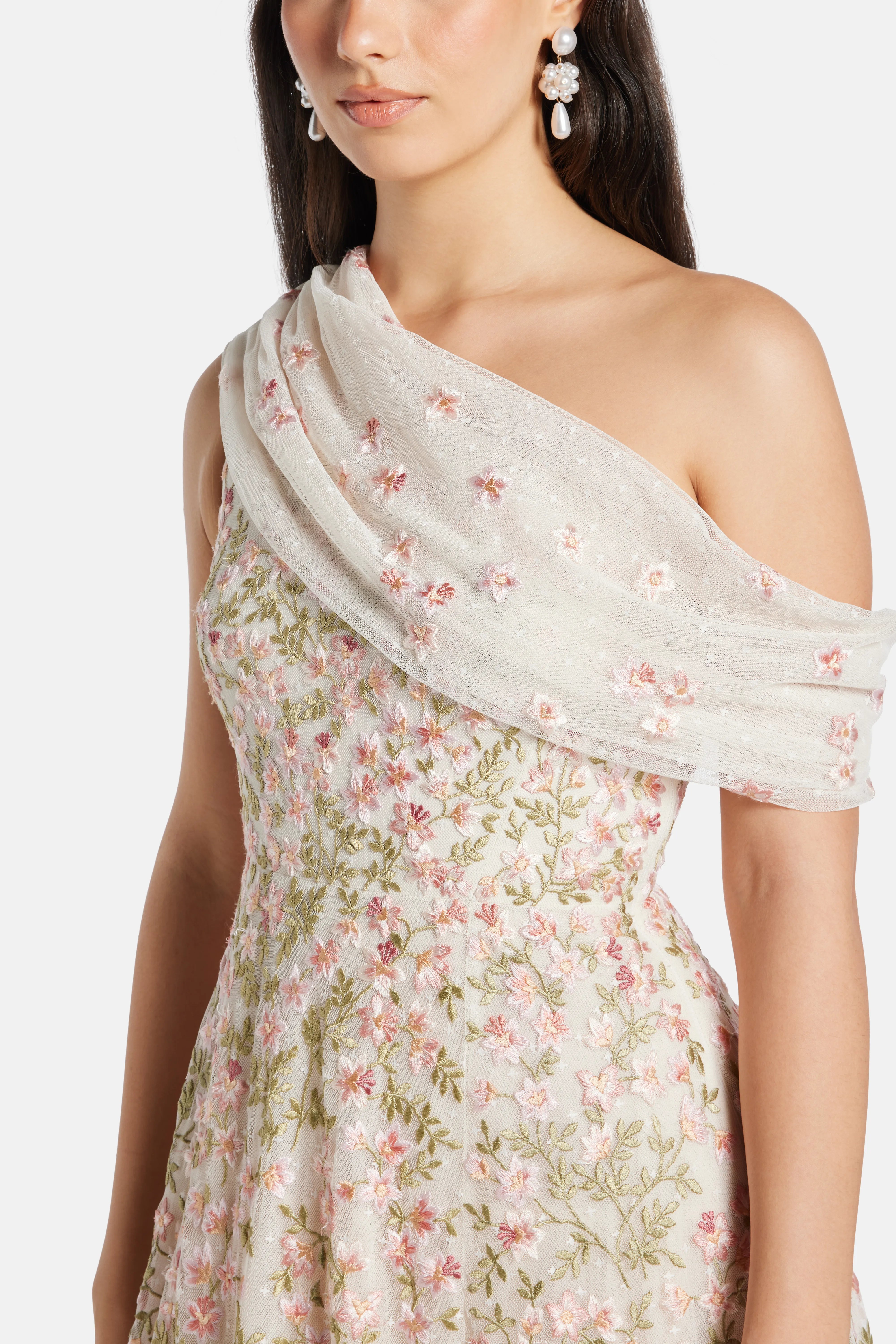 Everett Bloom One Shoulder Evening Dress in Cream