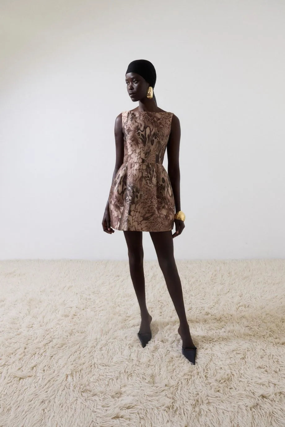 Pampero Neck Twill Sleeveless Mini Dress in Brown