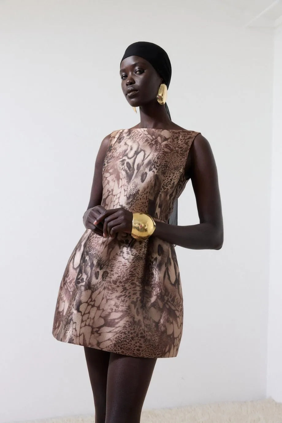 Pampero Neck Twill Sleeveless Mini Dress in Brown