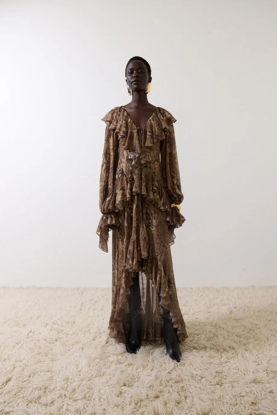 Kona Ruffle Maxi Dress in Brown