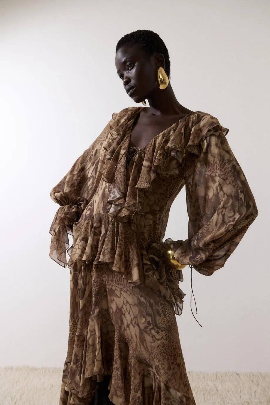 Kona Ruffle Maxi Dress in Brown