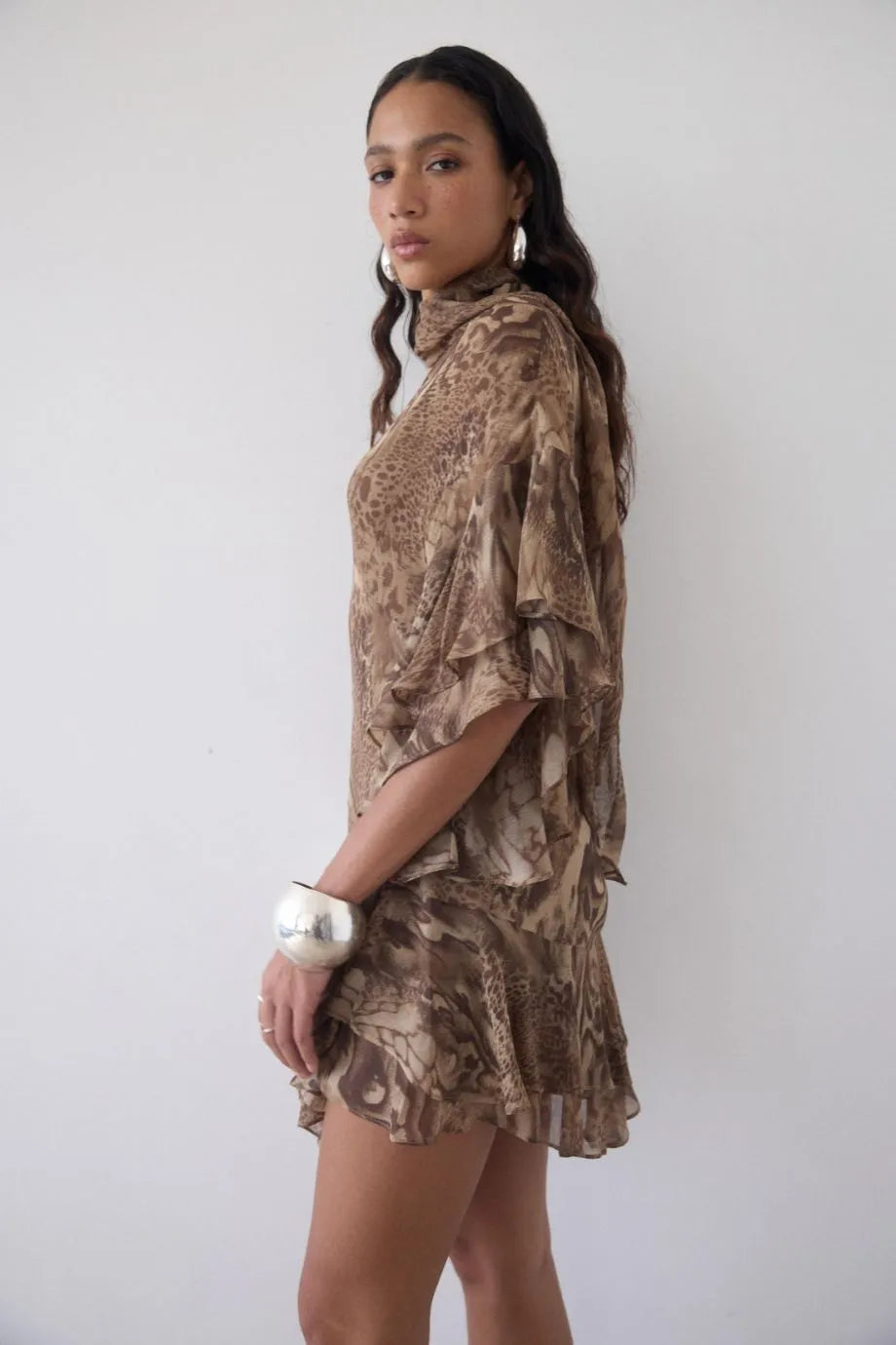Sol Neck Tie Ruffle Mini Dress in Brown