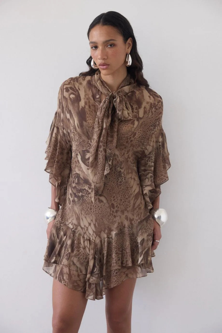 Sol Neck Tie Ruffle Mini Dress in Brown