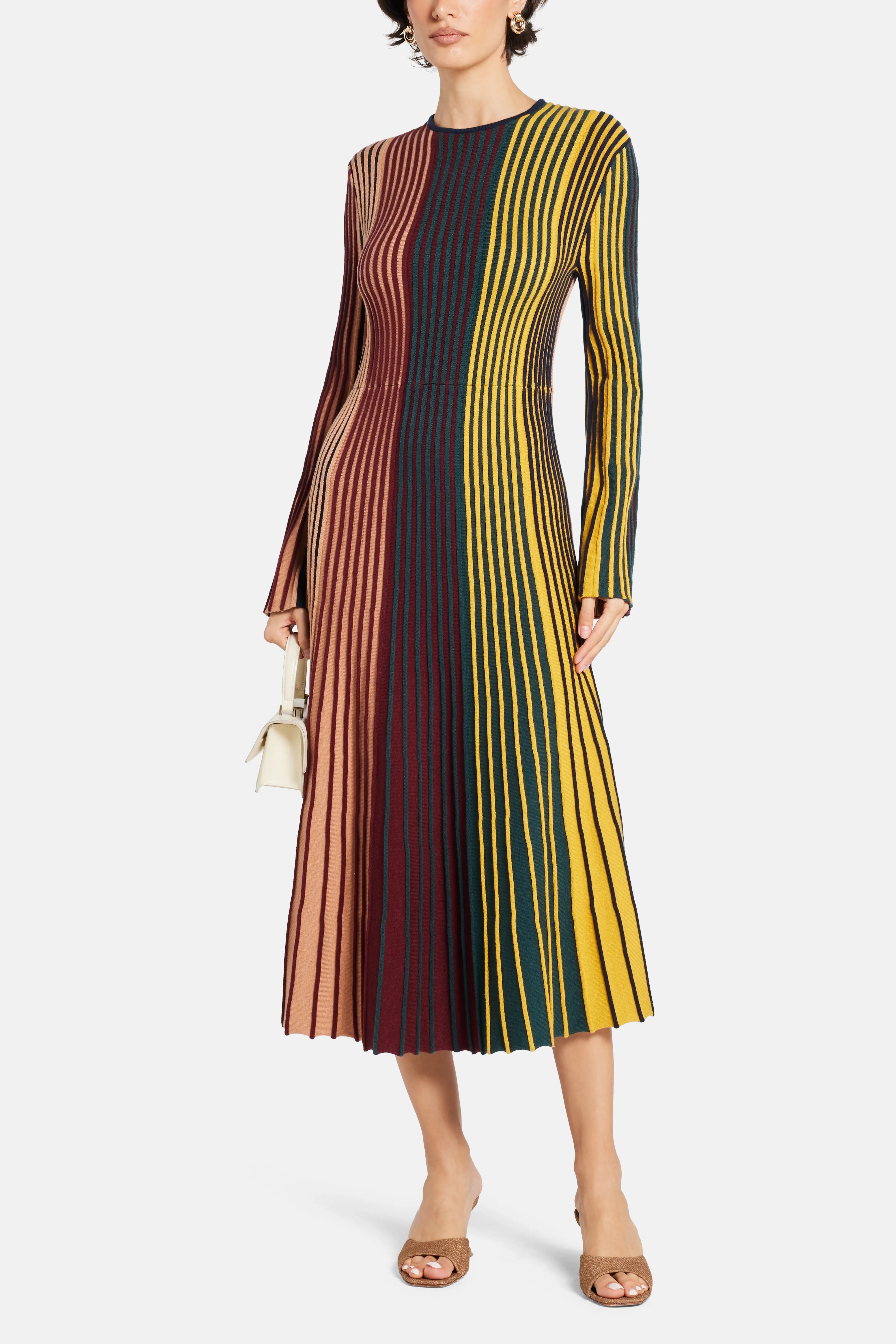 Celia Stripes Knit Midi Dress in Maroon