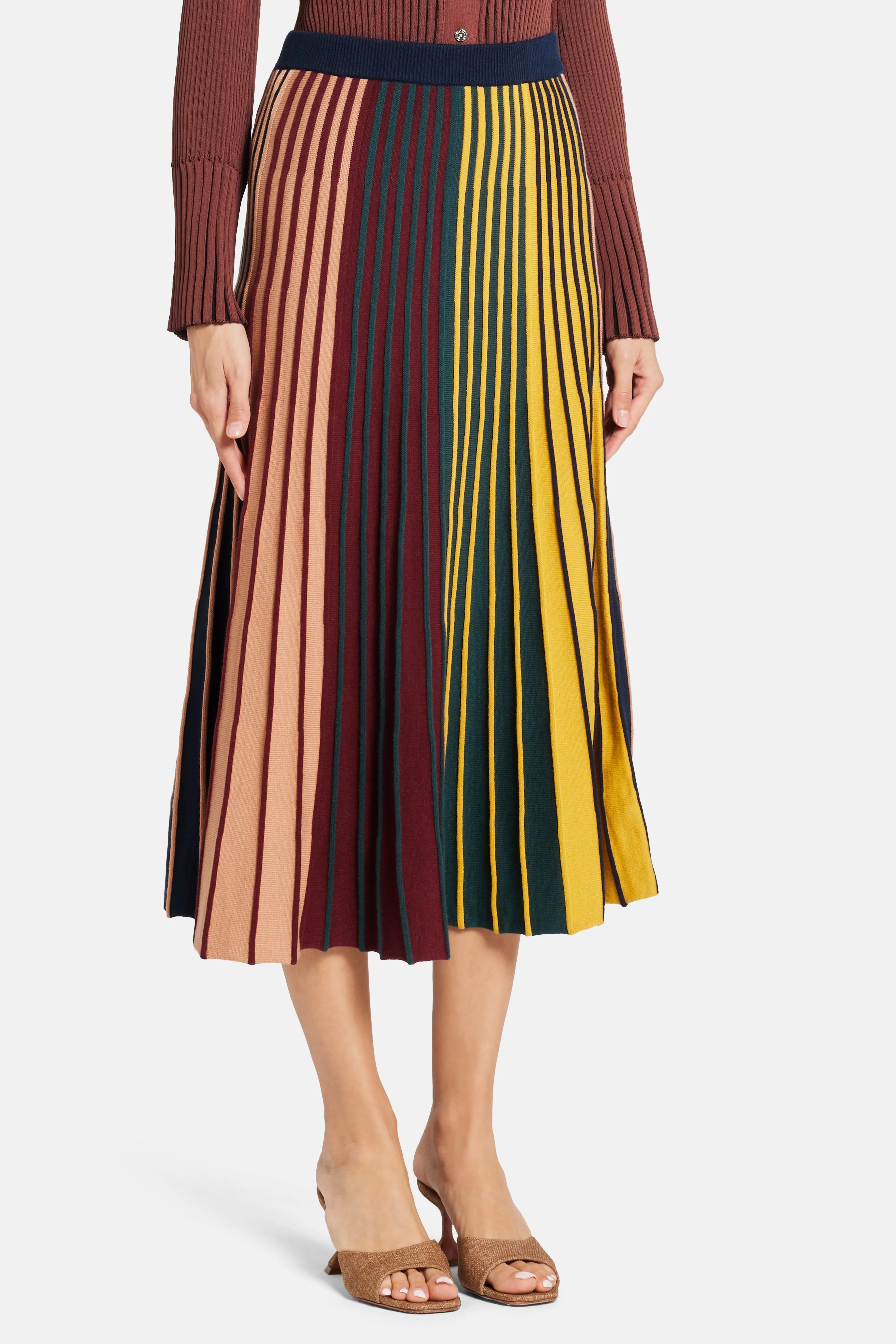 Celia Stripes Knit Midi Skirt in Maroon