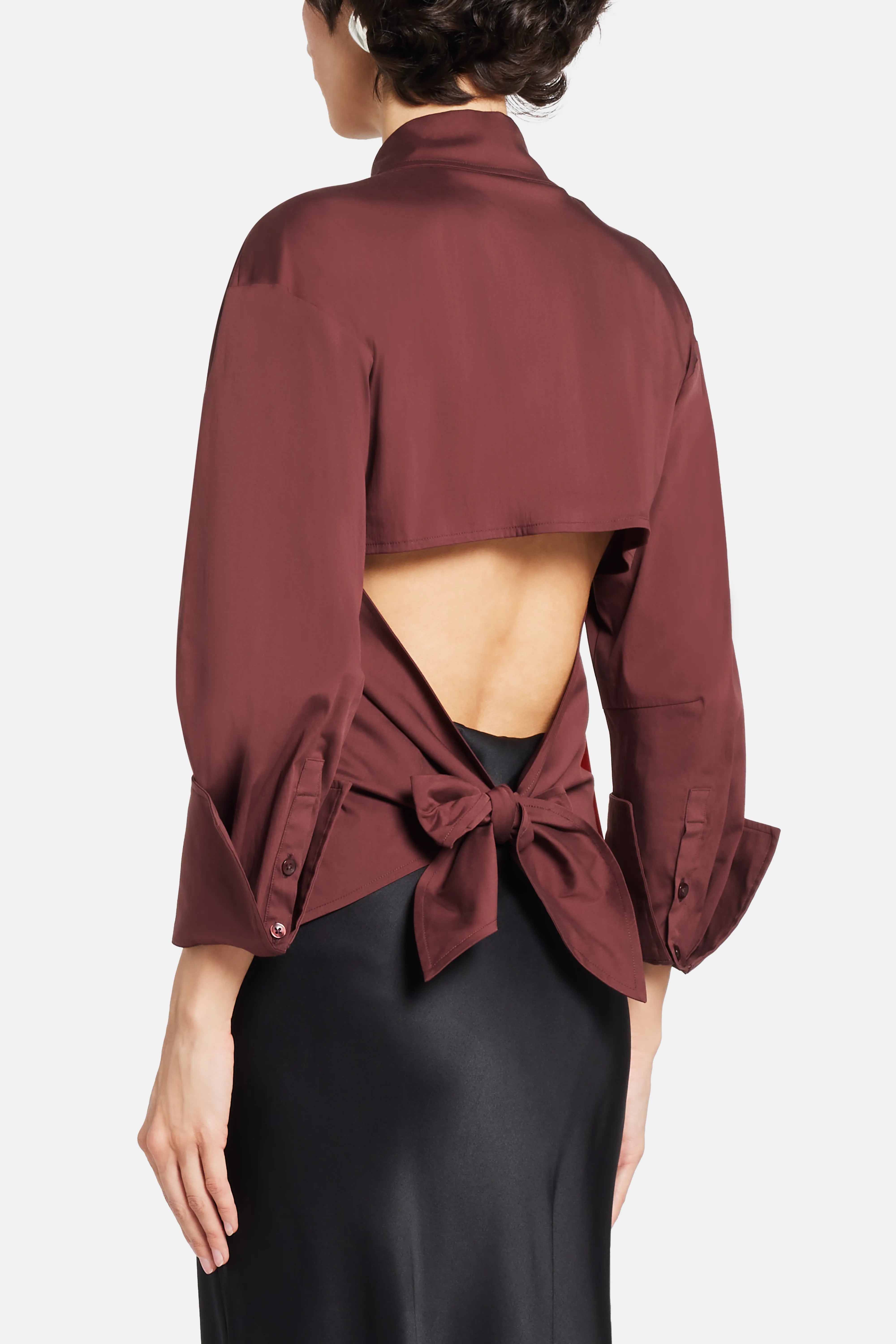Loch Poplin Button Up Open Bow Back Cotton Top in Brown