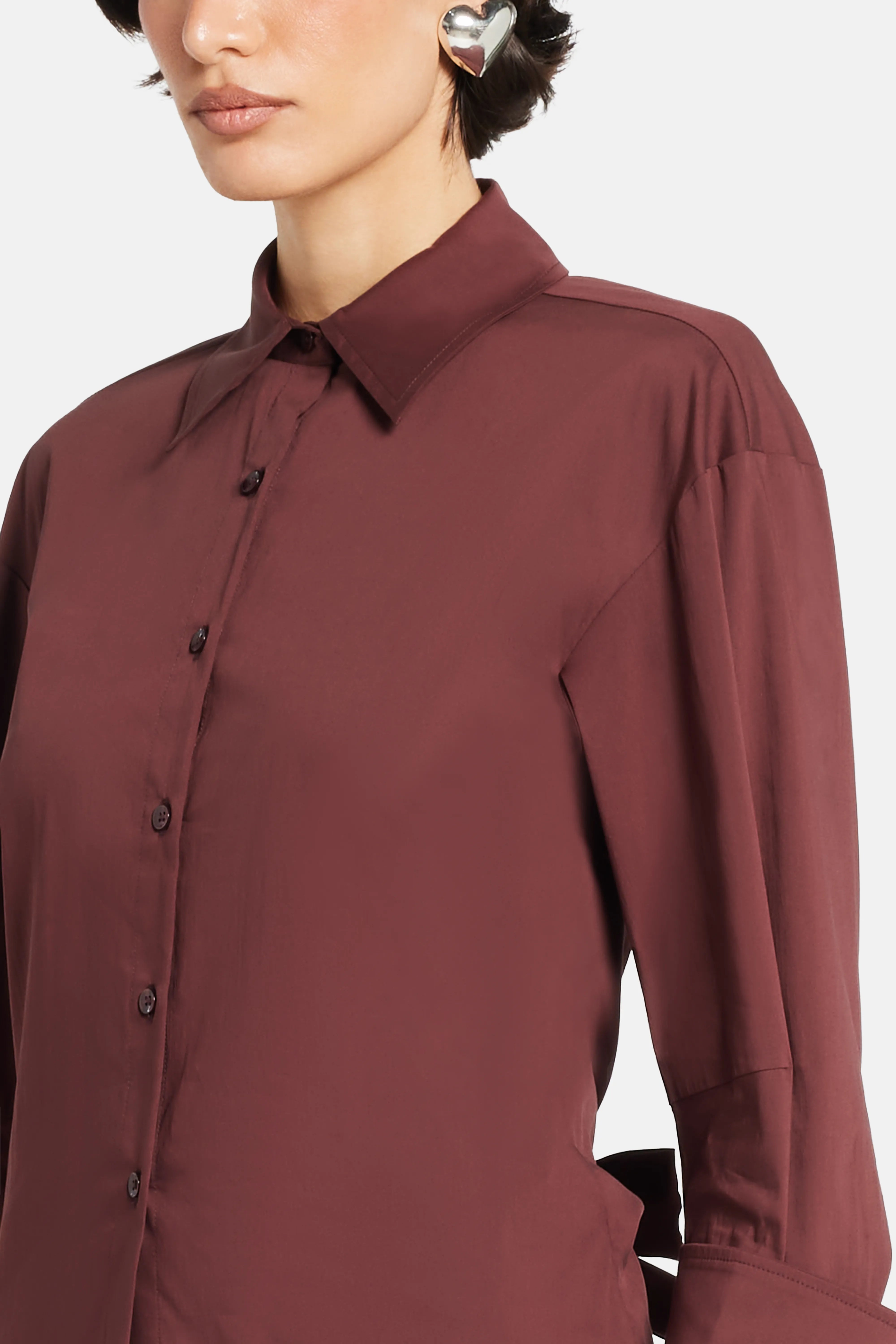 Loch Poplin Button Up Open Bow Back Cotton Top in Brown