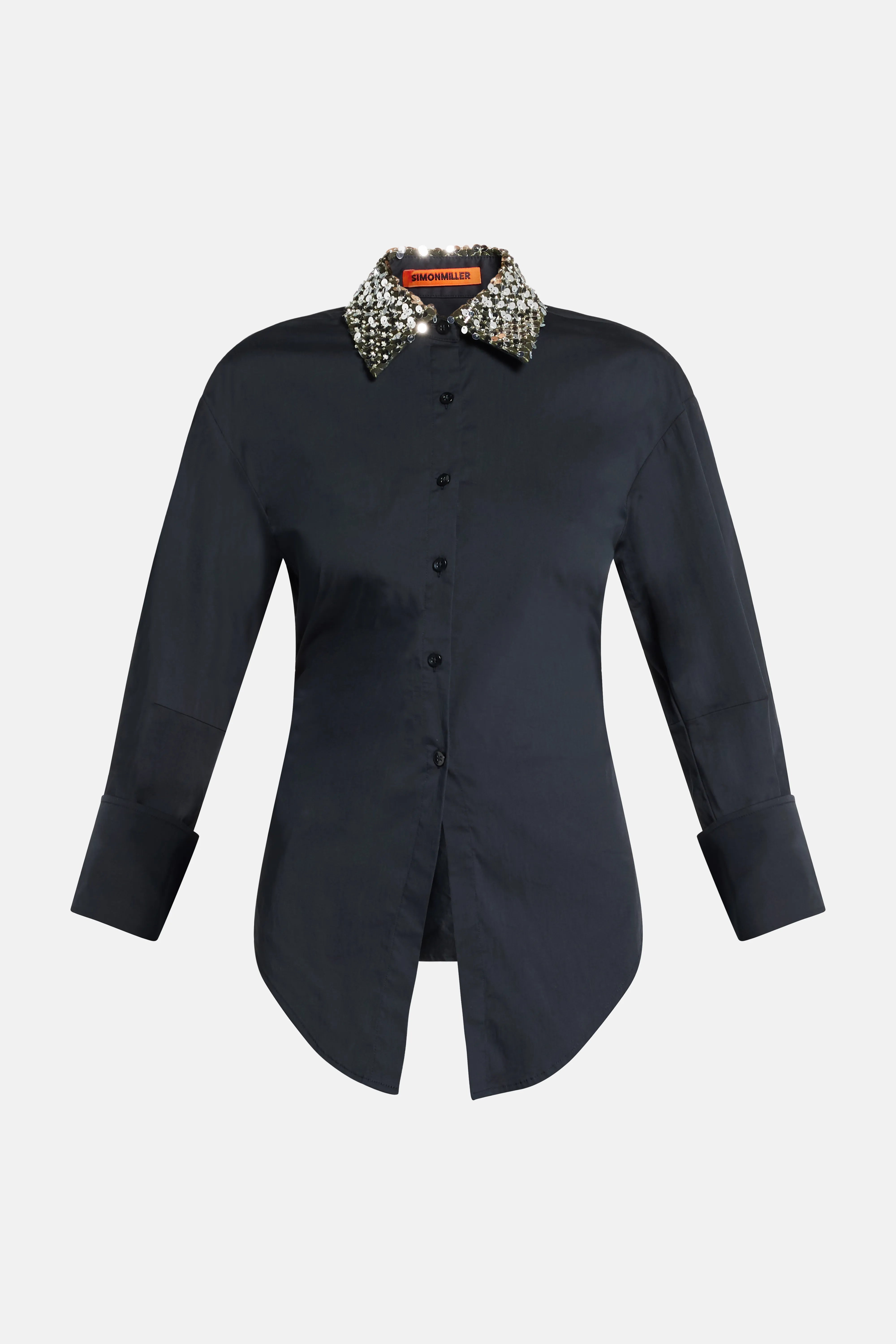 Loch Poplin Button Up Open Bow Back Embellished Collar Cotton Top in Black