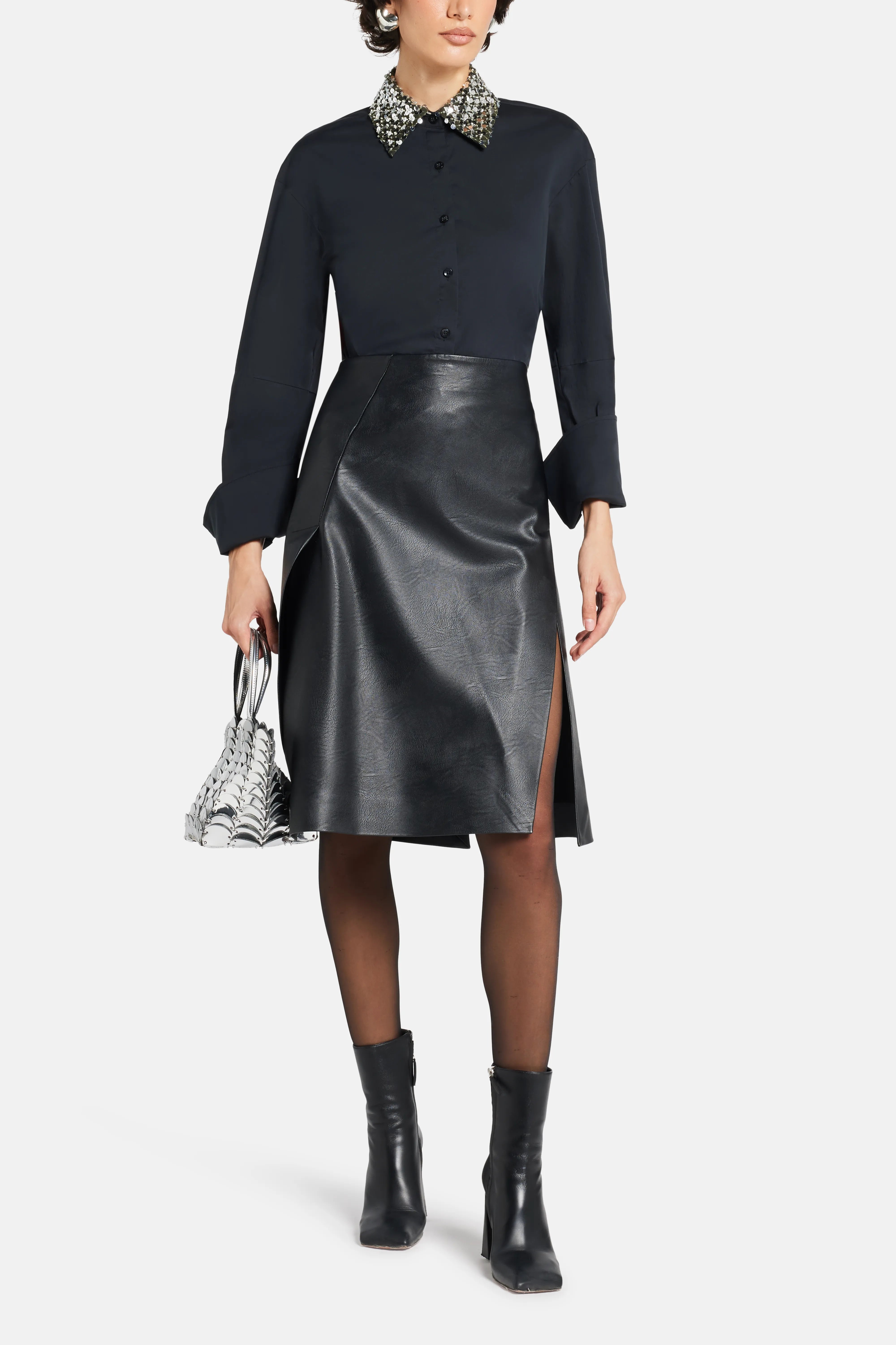 Loch Poplin Button Up Open Bow Back Embellished Collar Cotton Top in Black