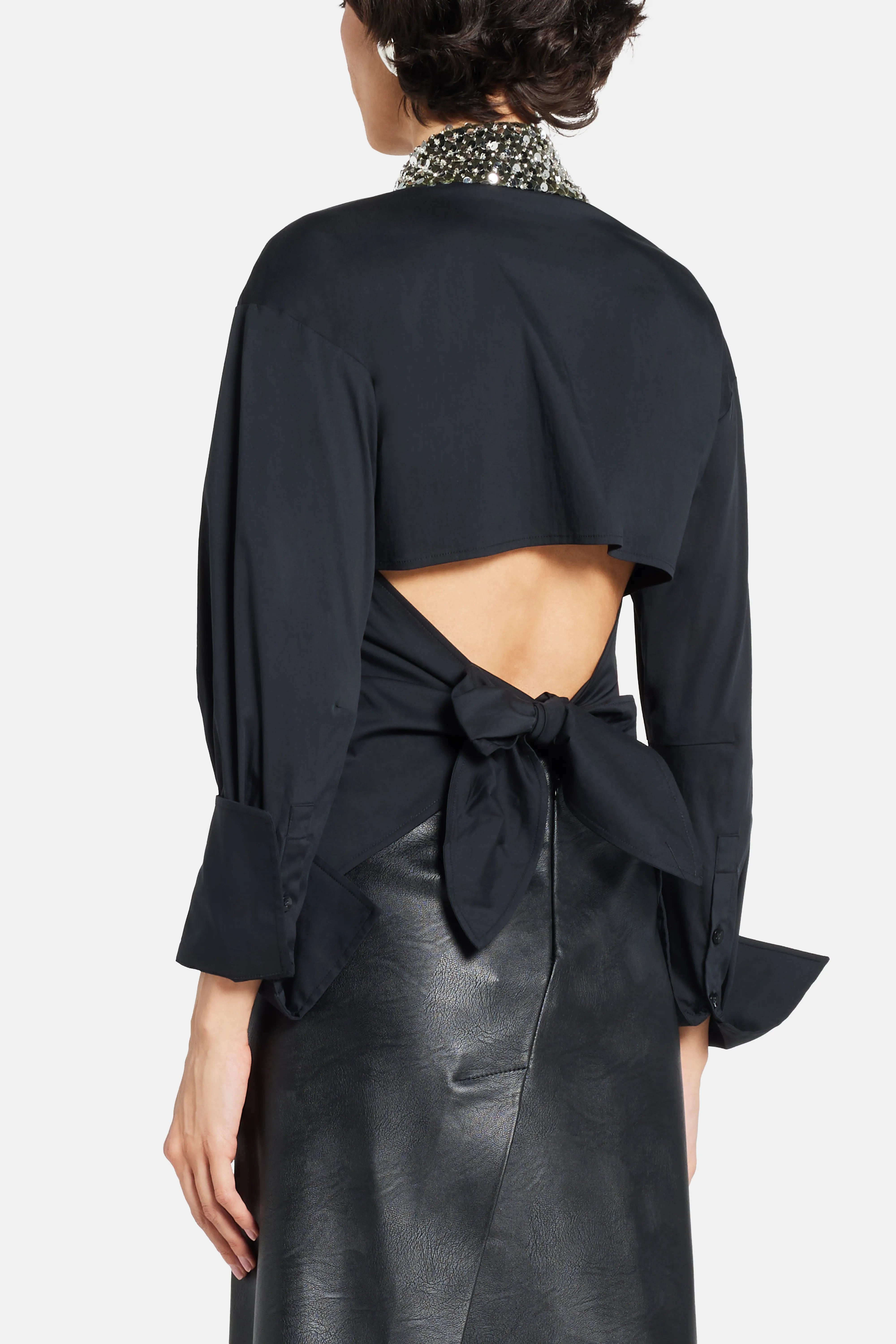Loch Poplin Button Up Open Bow Back Embellished Collar Cotton Top in Black