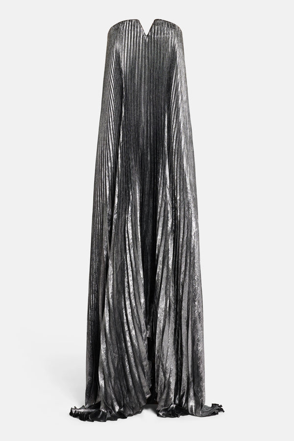 Black Tie Pleated Evening Dress in Silver