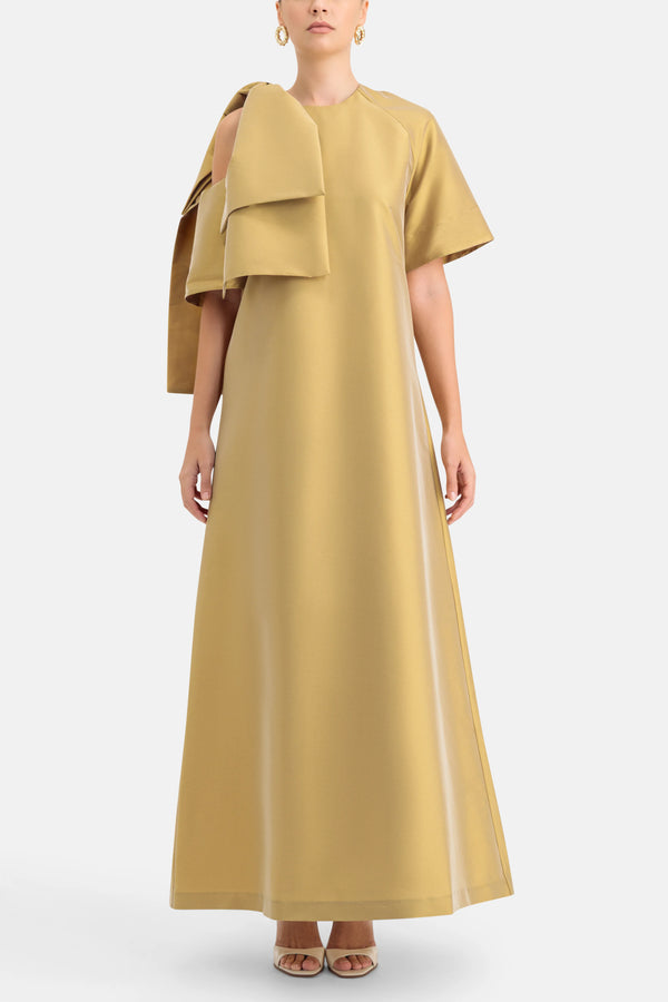 Winona Bow Applique Shoulder Cut Out Maxi Dress in Gold
