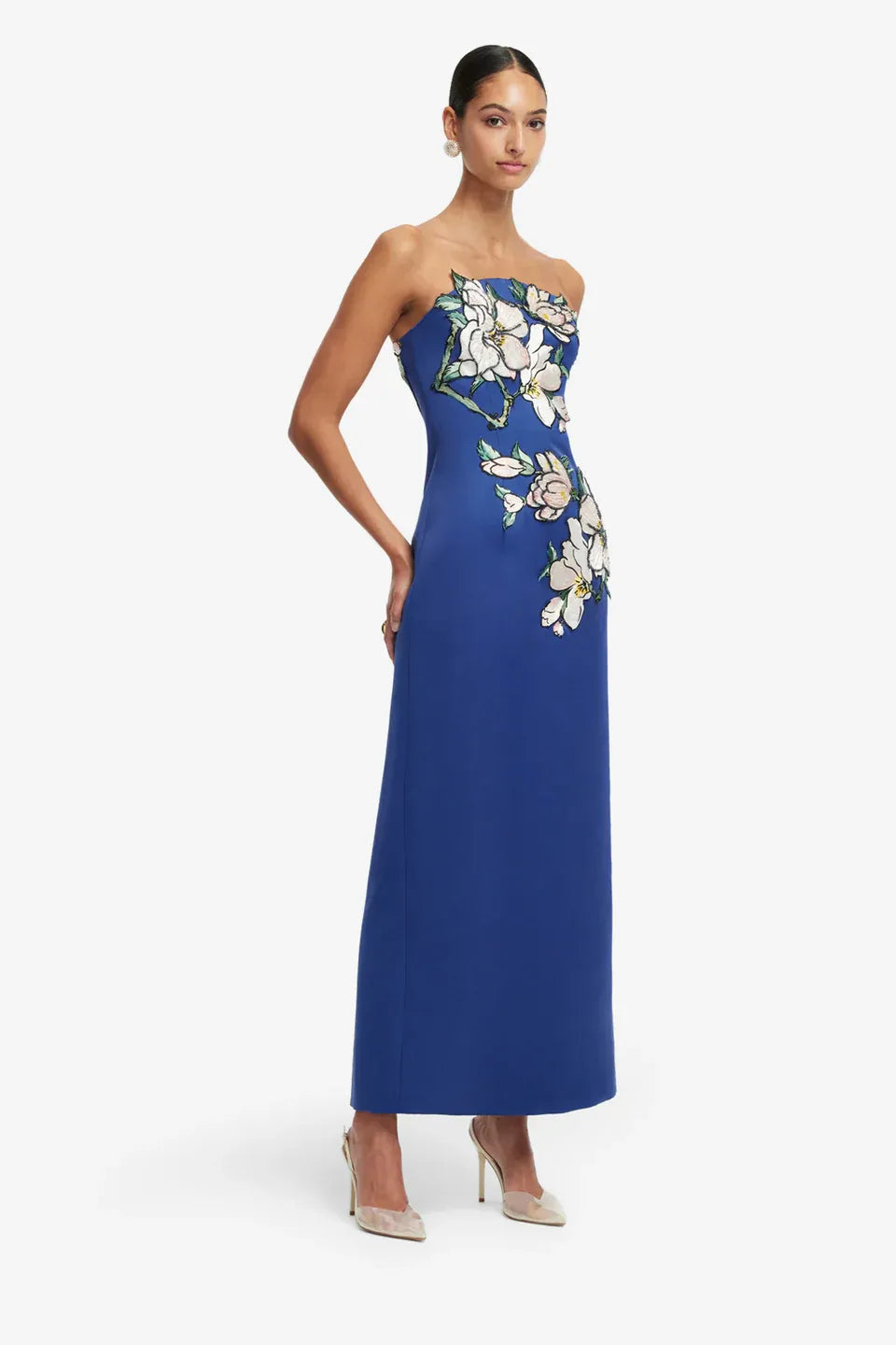 Ava Floral Applique Bustier Maxi Dress in Blue