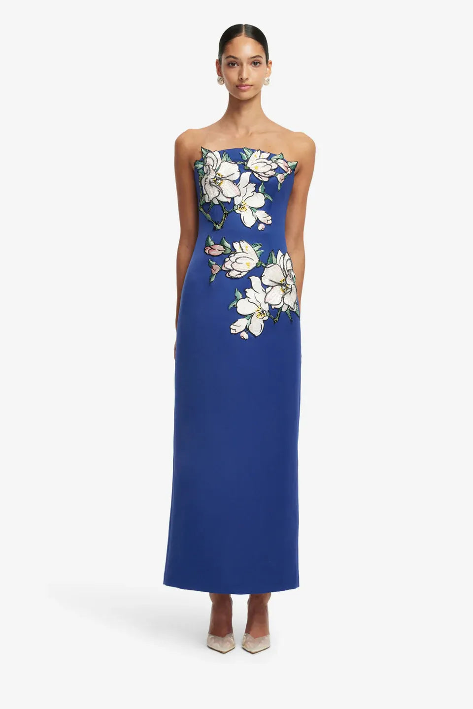 Ava Floral Applique Bustier Maxi Dress in Blue